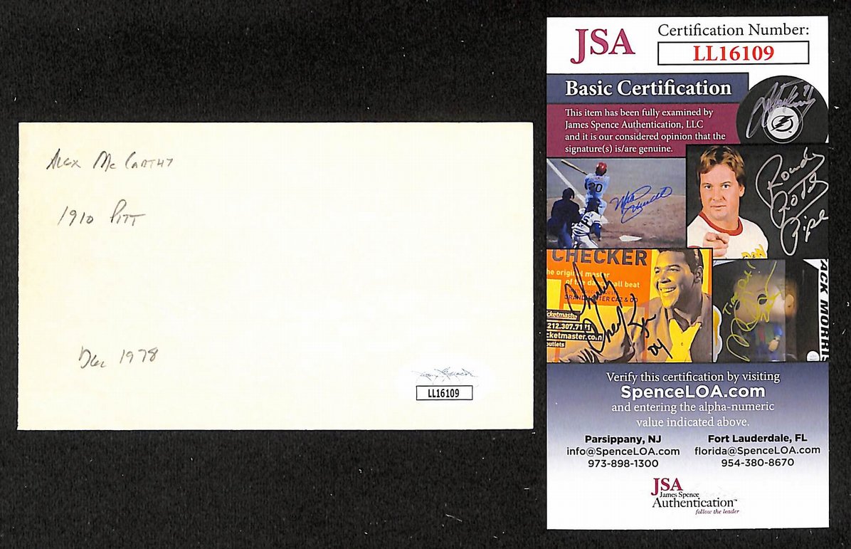 Alex McCarthy Pirates Autographed/Signed 3x5 Index Card JSA BA207741