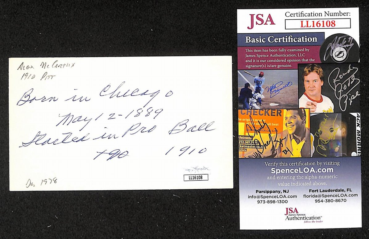 Alex McCarthy Pirates Autographed/Signed 3x5 Index Card JSA BA207742
