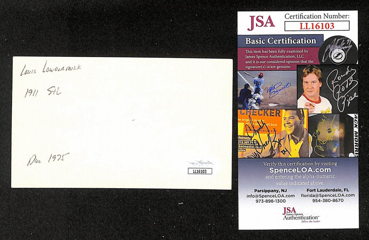 Louis Lowdermilk Cardinals Autographed/Signed 3x5 Index Card JSA BA207746