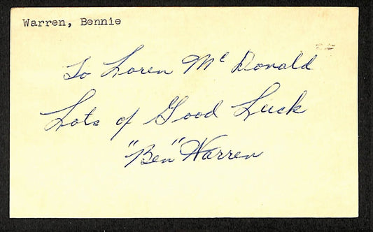 Bennie Warren Giants Autographed/Signed 3x5 GPC Postcard JSA BA205787