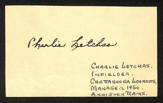 Charlie Letchas Phillies Autographed/Signed 3x5 GPC Postcard JSA BA205788