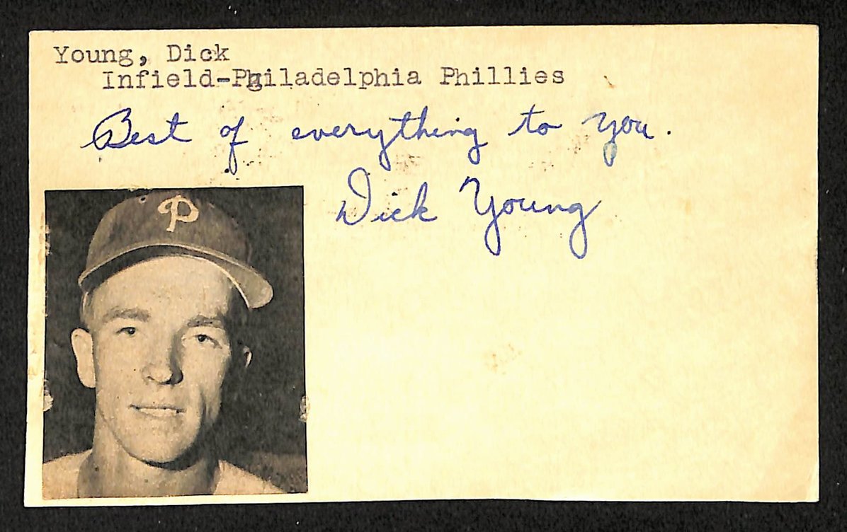Dick Young Phillies Autographed/Signed 3x5 GPC Postcard JSA BA205789