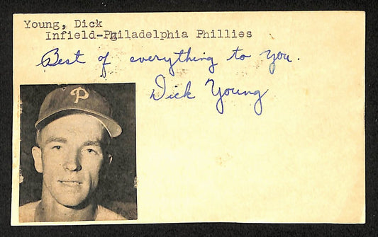 Dick Young Phillies Autographed/Signed 3x5 GPC Postcard JSA BA205789