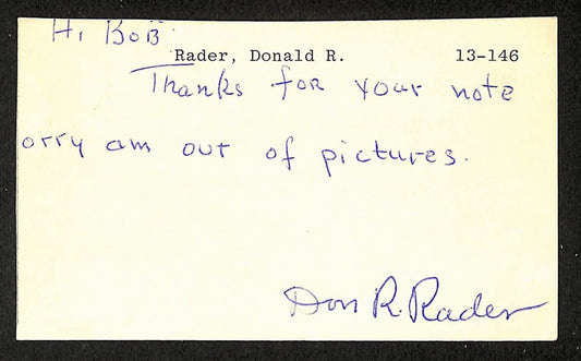 Don Rader Phillies Autographed/Signed 3x5 GPC Postcard JSA BA205793