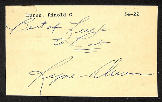 Rinold Ryne Duren Yankees Autographed/Signed 3x5 GPC Postcard JSA BA205795