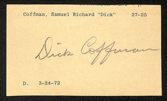 Dick Coffman Giants Autographed/Signed 3x5 GPC Postcard JSA BA205807