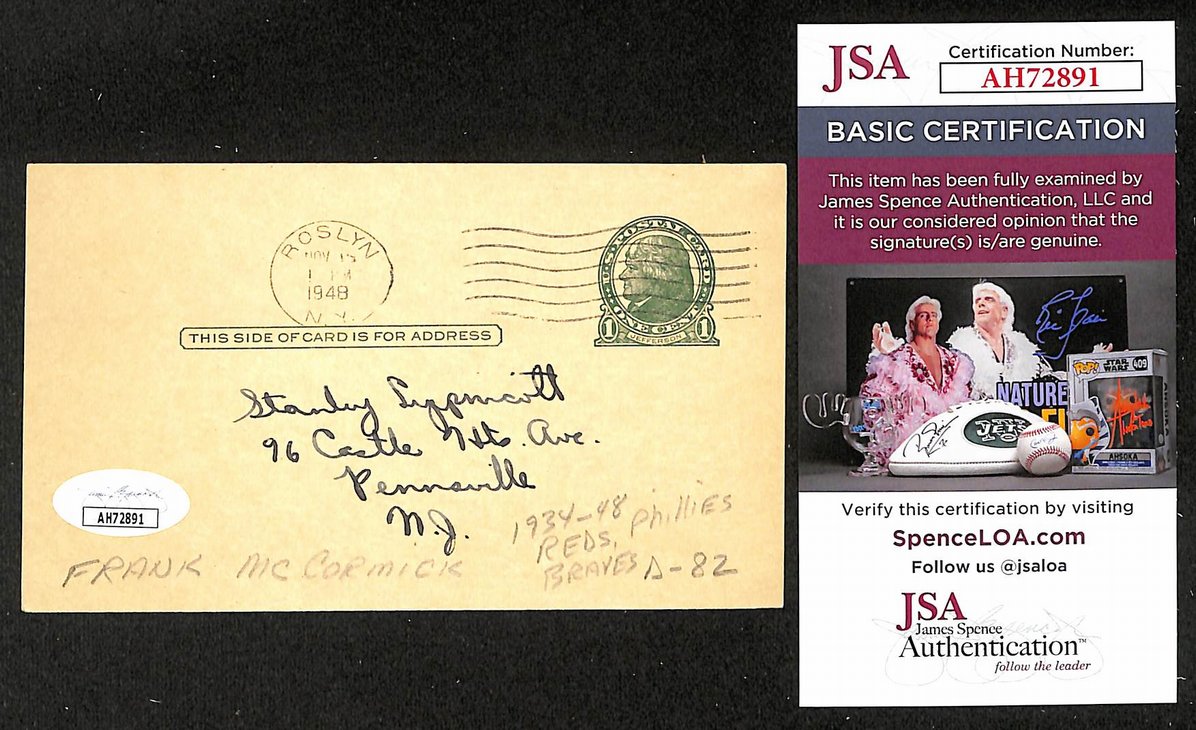 Frank McCormick Reds Autographed/Signed 4x6 GPC Postcard JSA BA208299