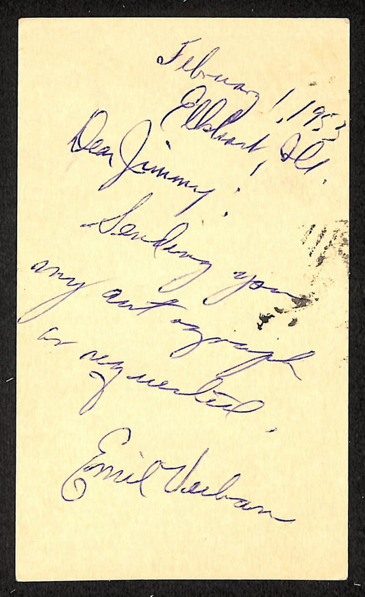 Emil Verban Cubs Autographed/Signed 4x6 GPC Postcard JSA BA208317