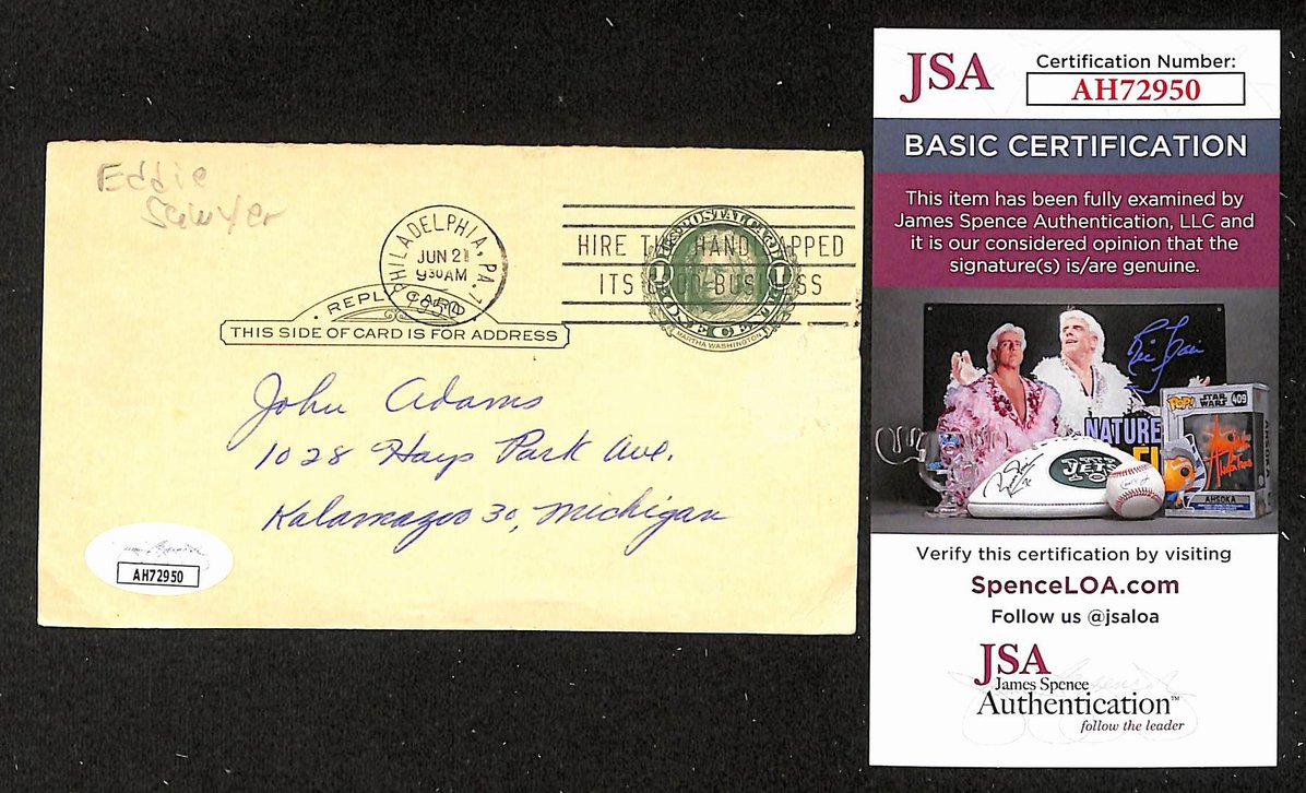 Eddie Sawyer Phillies Autographed/Signed 4x6 GPC Postcard JSA BA208320