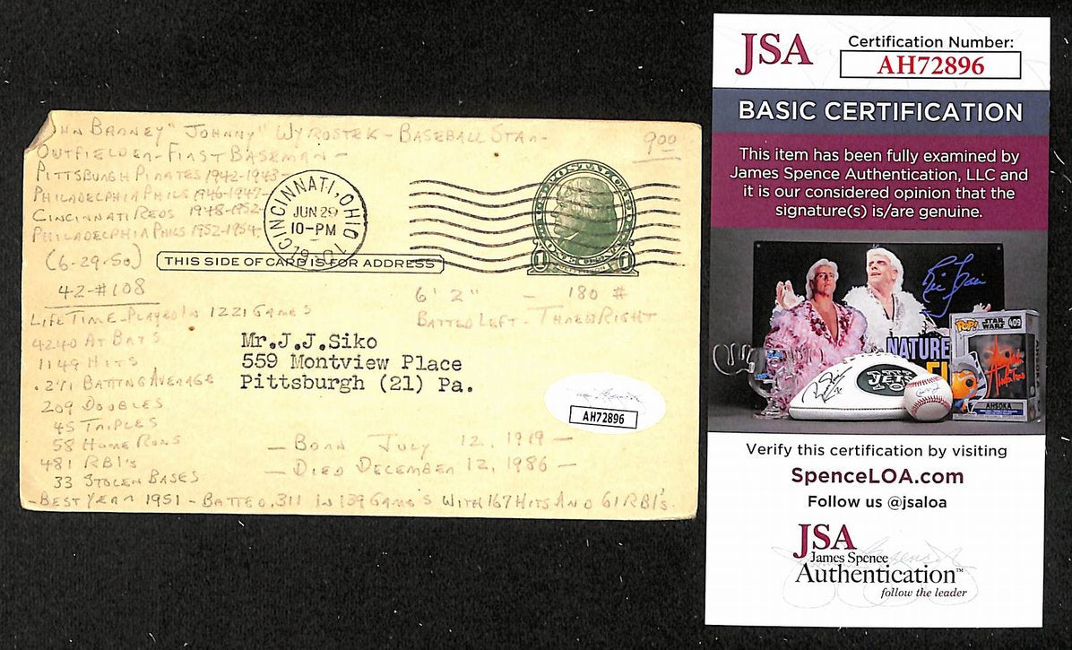 John Wyrostek Reds Autographed/Signed 4x6 GPC Postcard JSA BA208324