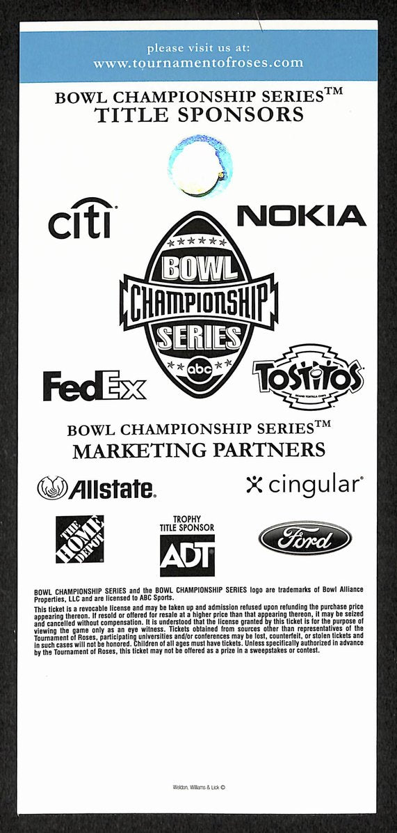 2005 2006 Rose Bowl Full Ticket USC vs Texas Natl Champions Vince Young - 175