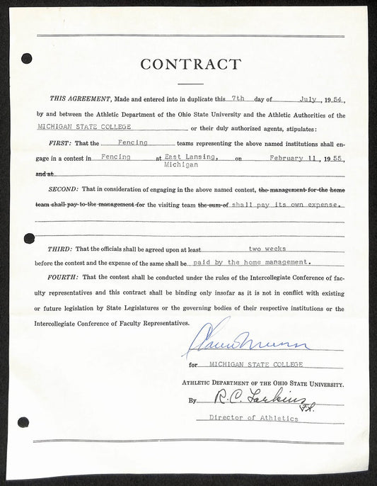 Biggie Munn HOF Michigan State Head Coach Signed/Auto Contract JSA BA199638