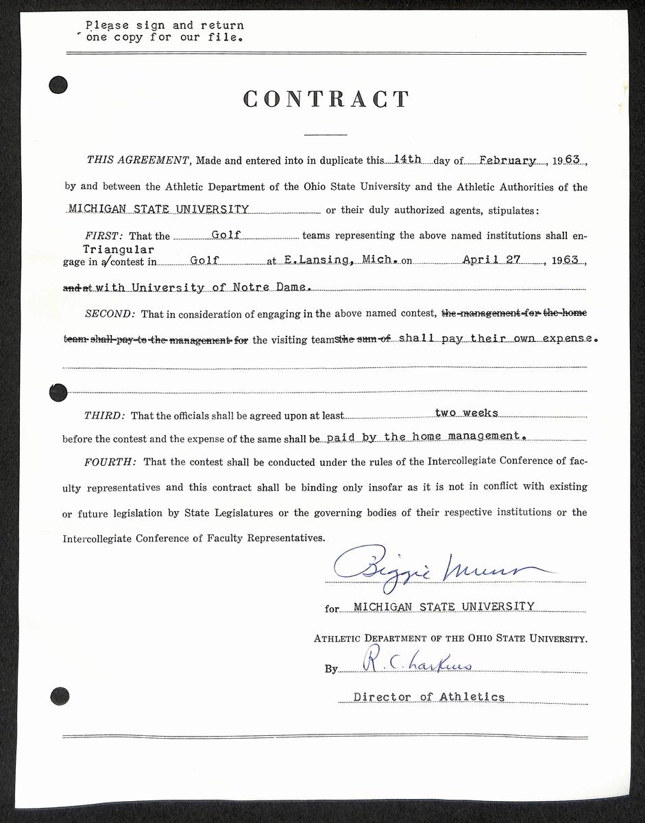 Biggie Munn HOF Michigan State Head Coach Signed/Auto Contract JSA BA199640