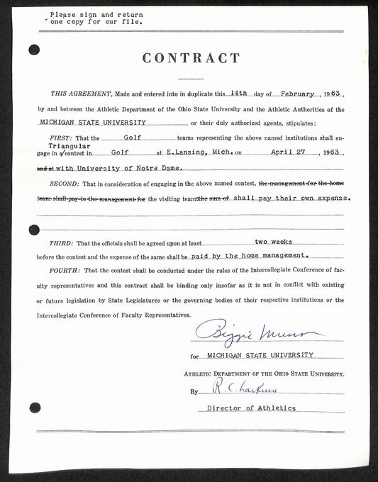 Biggie Munn HOF Michigan State Head Coach Signed/Auto Contract JSA BA199640