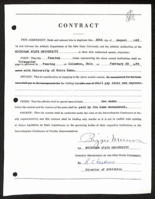 Biggie Munn HOF Michigan State Head Coach Signed/Auto Contract JSA BA199642