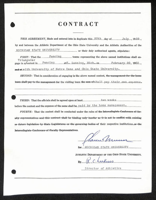 Biggie Munn HOF Michigan State Head Coach Signed/Auto Contract JSA BA199643