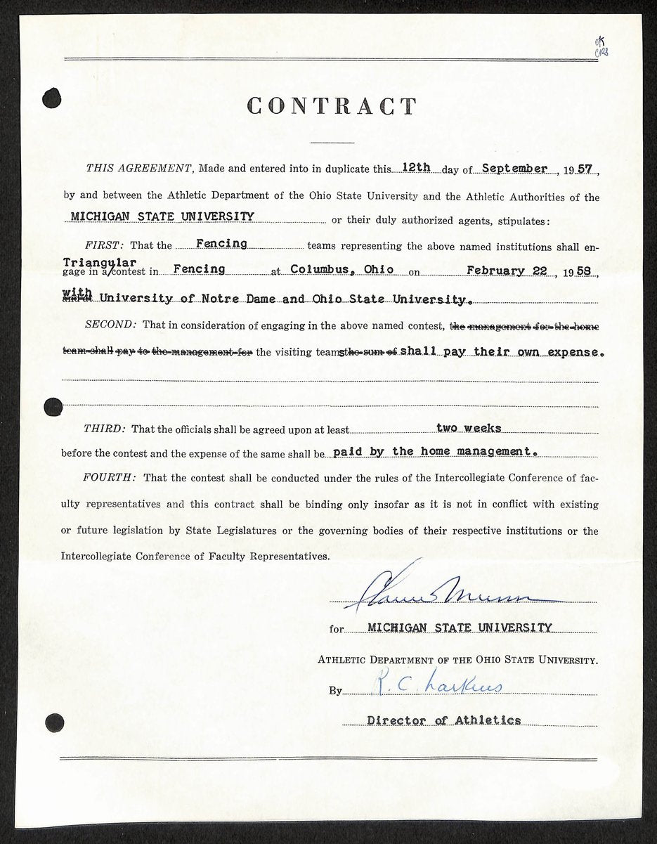 Biggie Munn HOF Michigan State Head Coach Signed/Auto Contract JSA BA199644