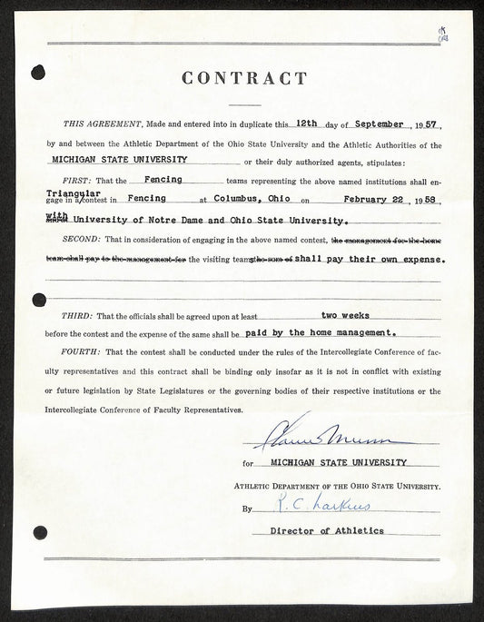 Biggie Munn HOF Michigan State Head Coach Signed/Auto Contract JSA BA199644