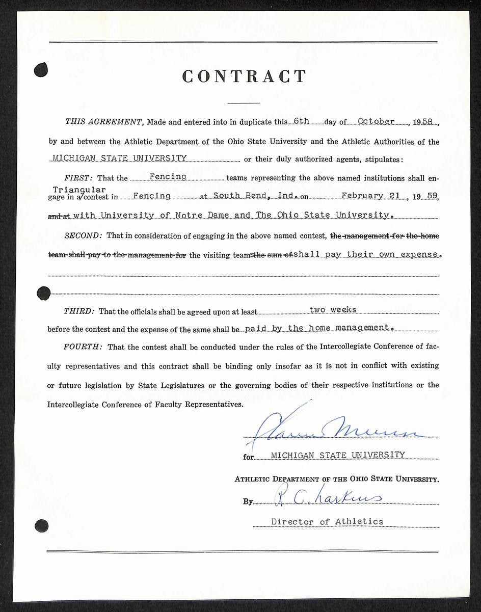 Biggie Munn HOF Michigan State Head Coach Signed/Auto Contract JSA BA199645