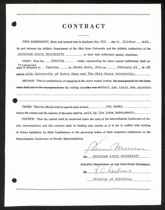 Biggie Munn HOF Michigan State Head Coach Signed/Auto Contract JSA BA199645