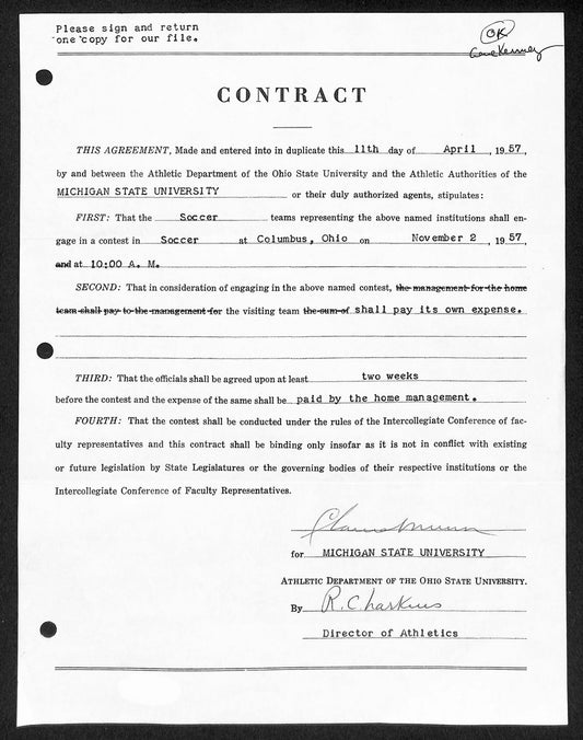 Biggie Munn HOF Michigan State Head Coach Signed/Auto Contract JSA BA199647