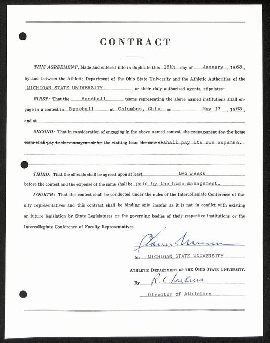 Biggie Munn HOF Michigan State Head Coach Signed/Auto Contract JSA BA199649