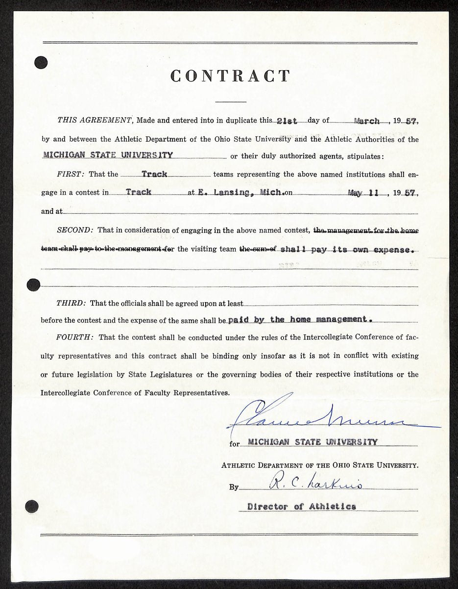 Biggie Munn HOF Michigan State Head Coach Signed/Auto Contract JSA BA199651