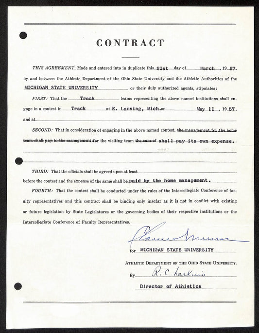 Biggie Munn HOF Michigan State Head Coach Signed/Auto Contract JSA BA199651