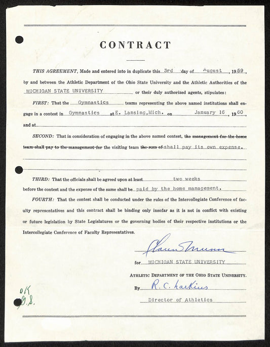 Biggie Munn HOF Michigan State Head Coach Signed/Auto Contract JSA BA199656