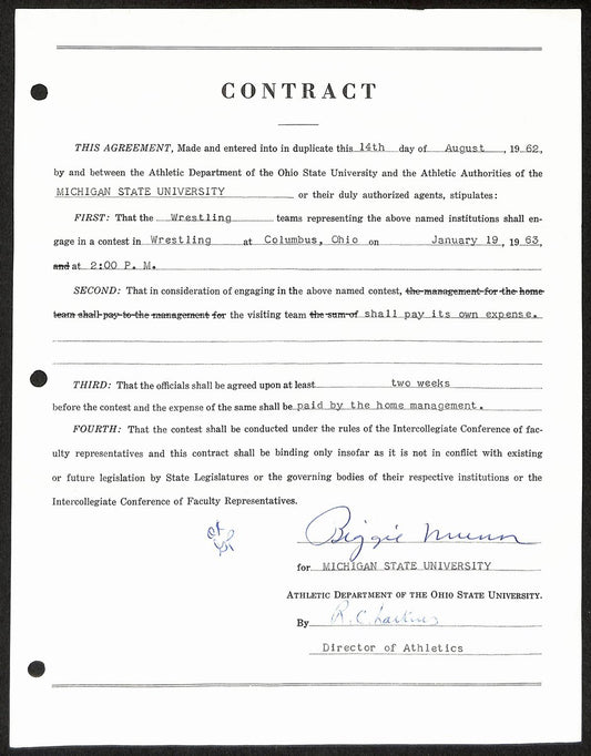 Biggie Munn HOF Michigan State Head Coach Signed/Auto Contract JSA BA199657