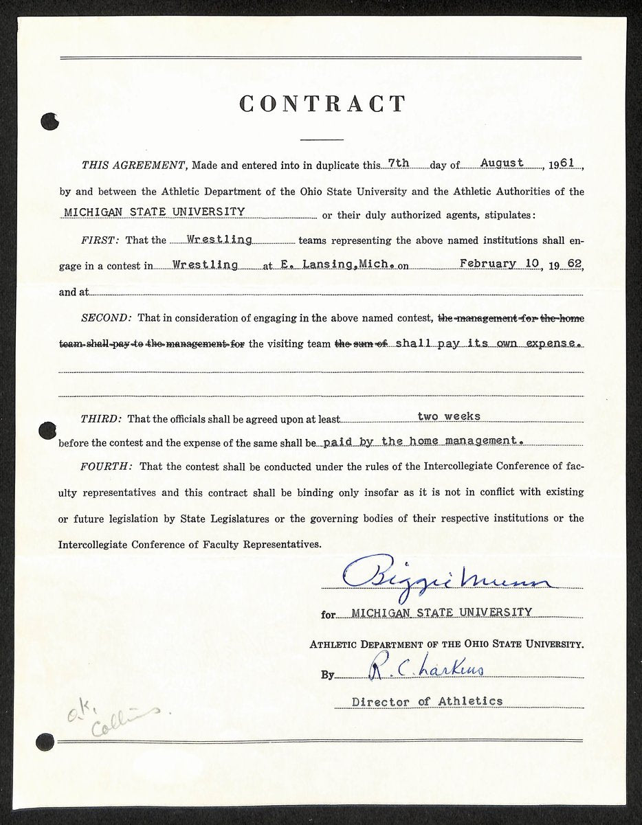 Biggie Munn HOF Michigan State Head Coach Signed/Auto Contract JSA BA199659
