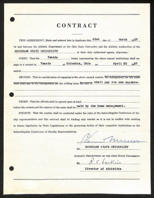 Biggie Munn HOF Michigan State Head Coach Signed/Auto Contract JSA BA199661