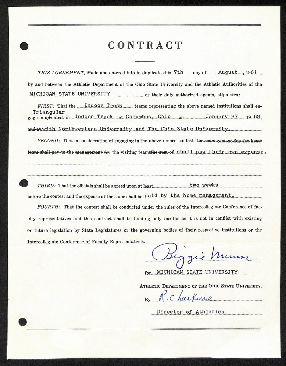 Biggie Munn HOF Michigan State Head Coach Signed/Auto Contract JSA BA199662