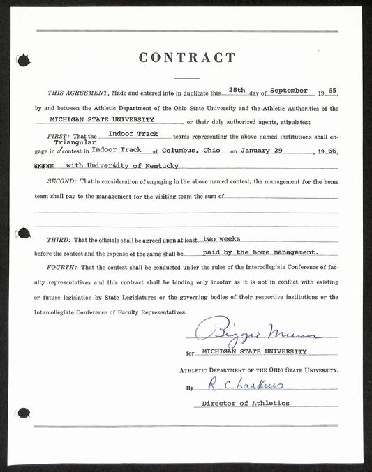 Biggie Munn HOF Michigan State Head Coach Signed/Auto Contract JSA BA199663