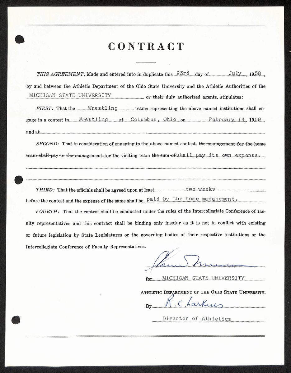 Biggie Munn HOF Michigan State Head Coach Signed/Auto Contract JSA BA199664