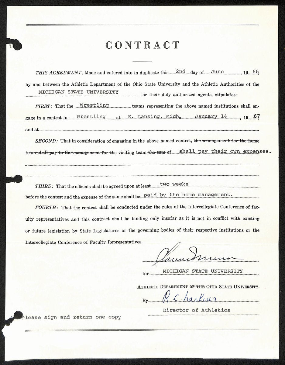 Biggie Munn HOF Michigan State Head Coach Signed/Auto Contract JSA BA199665