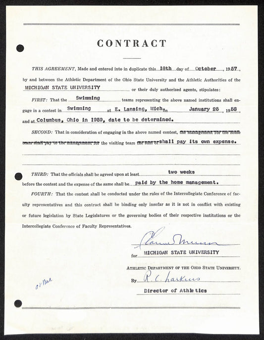 Biggie Munn HOF Michigan State Head Coach Signed/Auto Contract JSA BA199667