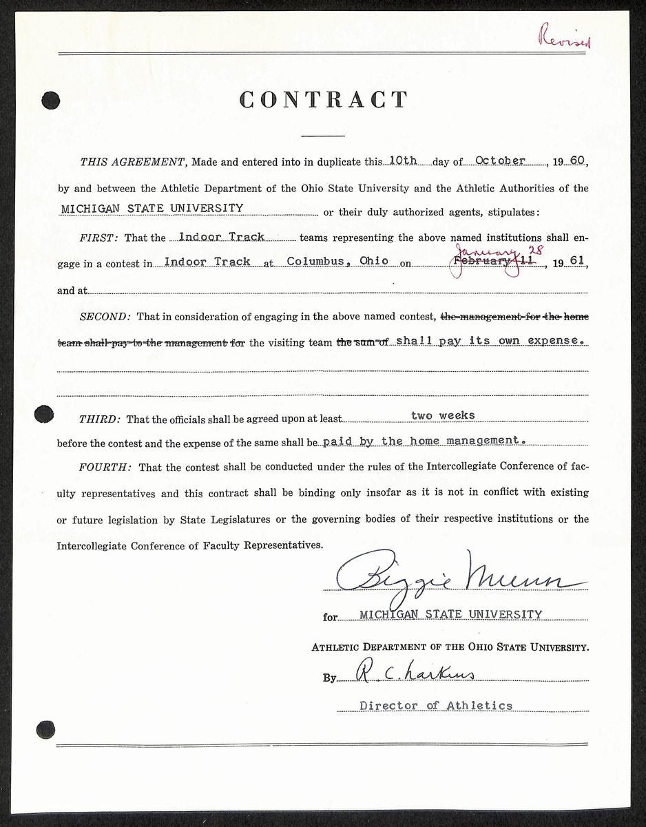 Biggie Munn HOF Michigan State Head Coach Signed/Auto Contract JSA BA199668