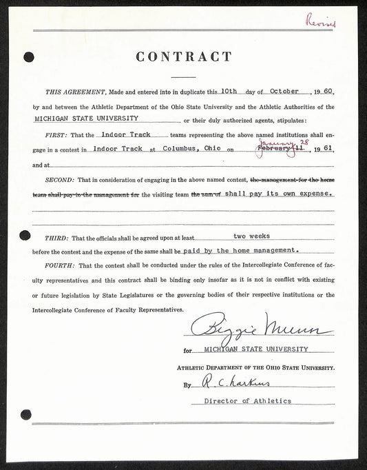 Biggie Munn HOF Michigan State Head Coach Signed/Auto Contract JSA BA199668