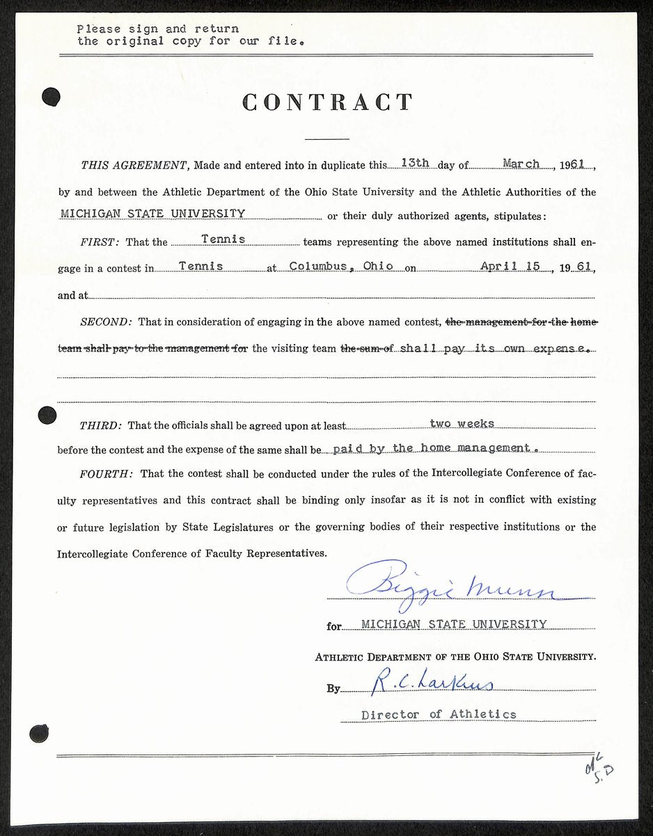 Biggie Munn HOF Michigan State Head Coach Signed/Auto Contract JSA BA199669