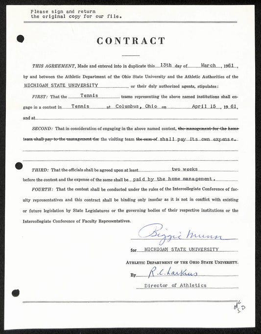 Biggie Munn HOF Michigan State Head Coach Signed/Auto Contract JSA BA199669