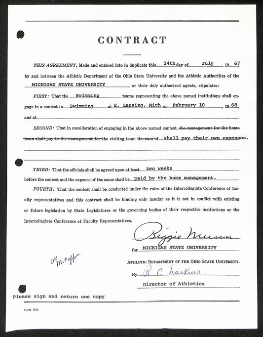 Biggie Munn HOF Michigan State Head Coach Signed/Auto Contract JSA BA199671