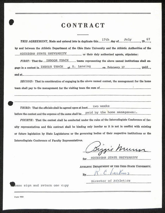 Biggie Munn HOF Michigan State Head Coach Signed/Auto Contract JSA BA199672