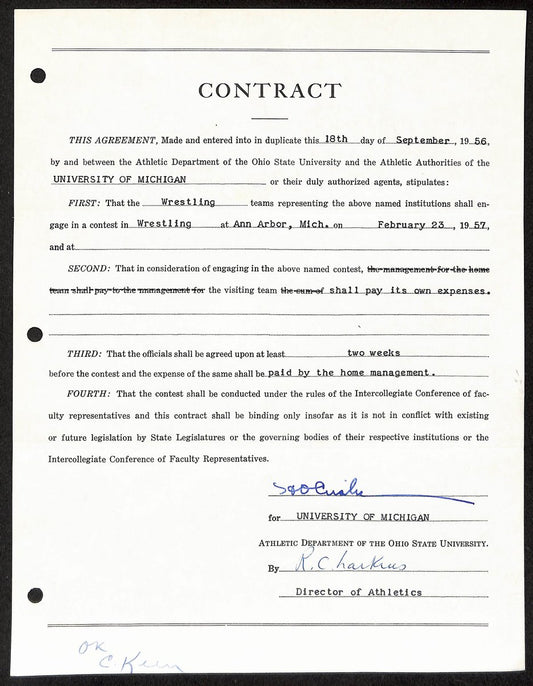 Fritz Crisler HOF Michigan Head Coach Signed/Auto Contract PSA BA198997
