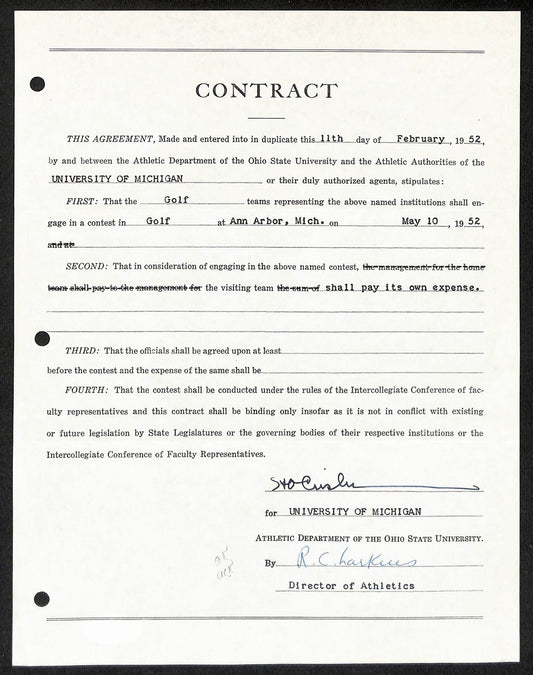 Fritz Crisler HOF Michigan Head Coach Signed/Auto Contract PSA BA198999
