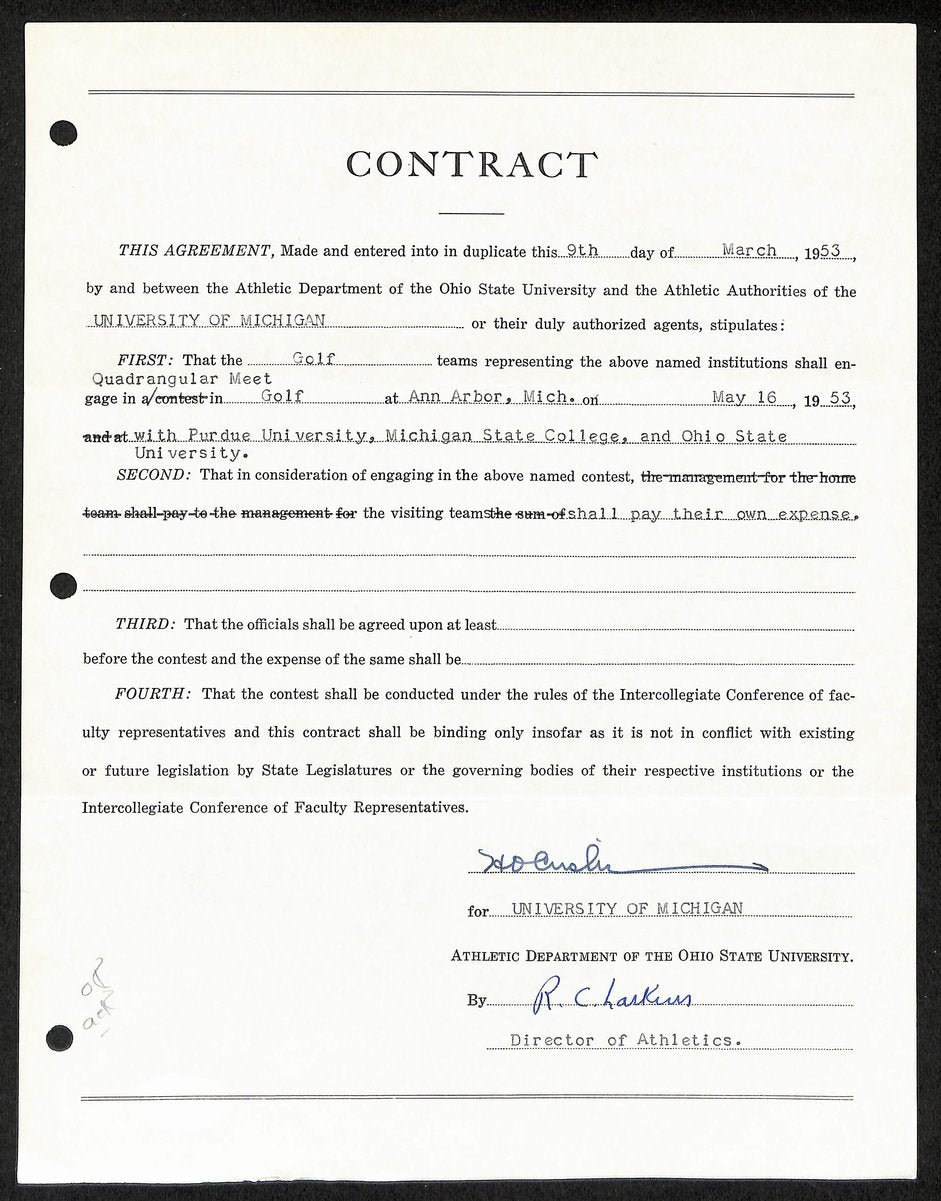 Fritz Crisler HOF Michigan Head Coach Signed/Auto Contract PSA BA199001