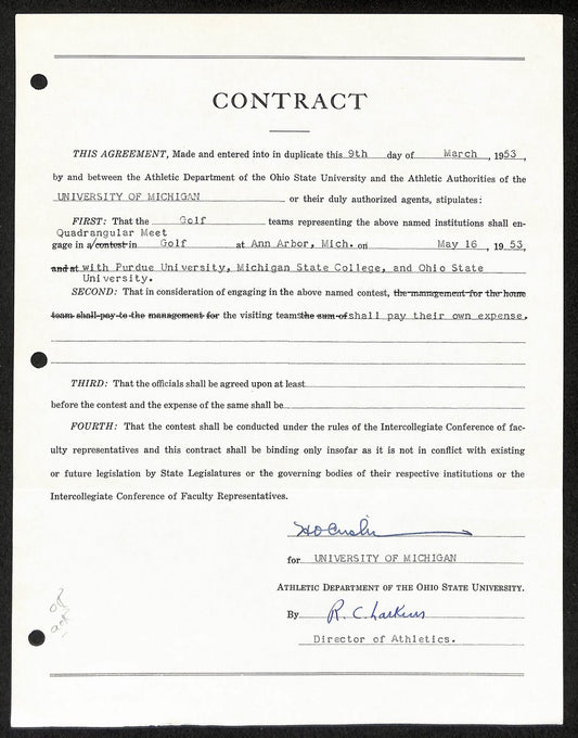 Fritz Crisler HOF Michigan Head Coach Signed/Auto Contract PSA BA199001