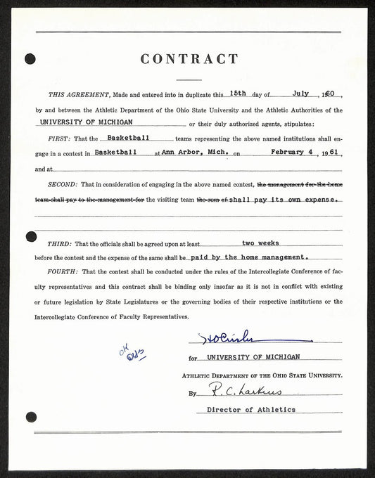 Fritz Crisler HOF Michigan Head Coach Signed/Auto Contract PSA BA199002