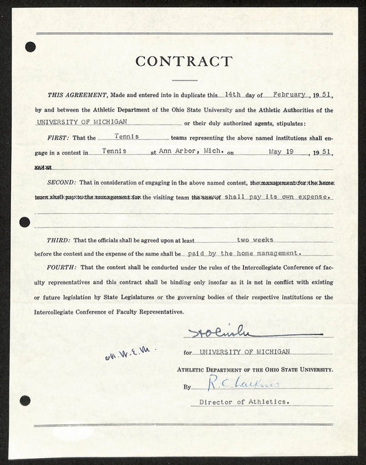 Fritz Crisler HOF Michigan Head Coach Signed/Auto Contract PSA BA199004