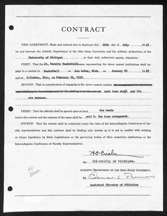 Fritz Crisler HOF Michigan Head Coach Signed/Auto Contract PSA BA199006